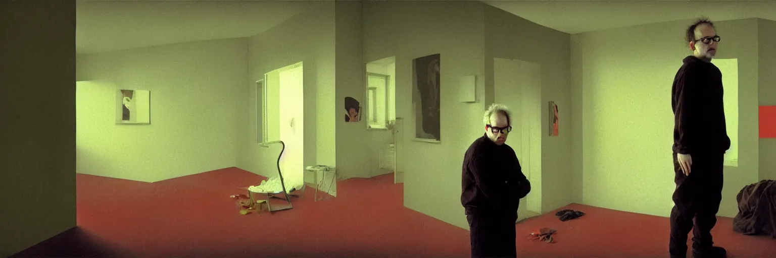 Prompt: weird and disturbing portrait of todd solondz standing alone in an empty appartment, vivid colors, neon, art by gregory crewdson and francis bacon and artgerm and wlop and william - adolphe bouguereau