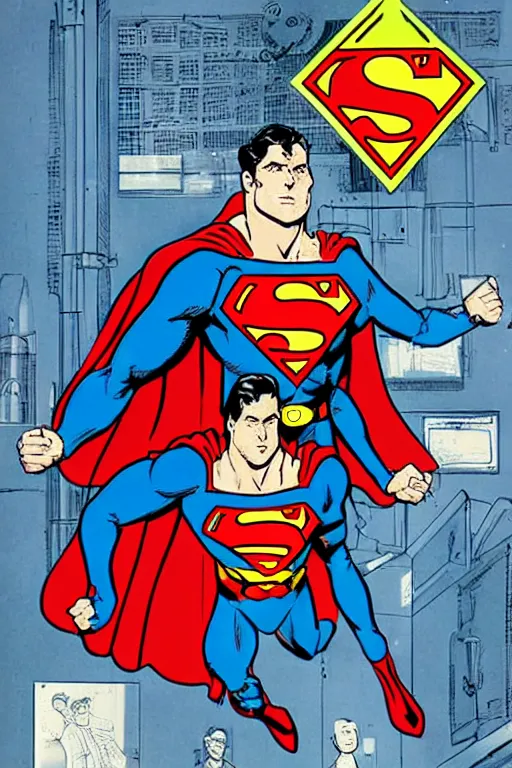 Image similar to a mechanical superman being activated in a top secret government lab, in the style of neal adams