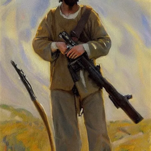 Prompt: painting jesus christ holding rifle, John Singer Sargent style