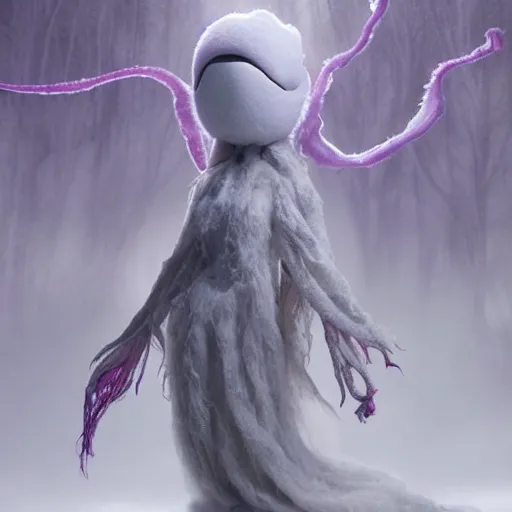 Prompt: an ethereal fantasy serious fluffy ghost like spooky live action muppet wraith like figure with a squid like parasite as its head and four long tentacles for arms that flow gracefully at its sides like a cloak while it floats around a frozen rocky tundra in the snow searching for lost souls and that hides amongst the shadows in the trees, this character has cryokinesis and umbrakinesis and is a real muppet by sesame street surrounded by lost muppet souls, photo realistic, real, realistic, felt, stopmotion, photography, sesame street