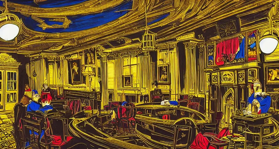 Image similar to london houses of parliament, highly detailed, dramatic lighting, intense shadows, rich deep colours, by roy lichtenstein