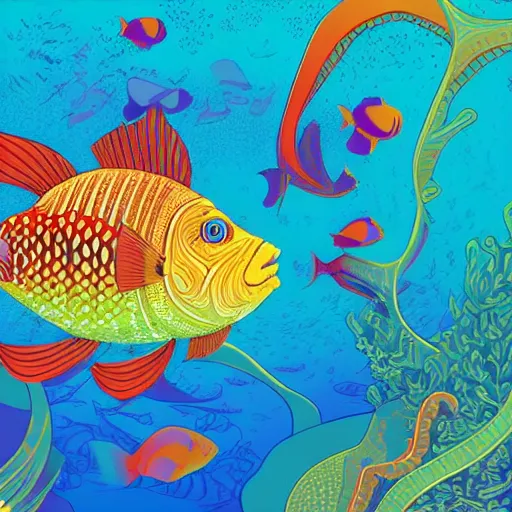 Image similar to one stylized fish with saturated colors viewed in profile in the ocean filled with very desaturated colors and complex sparkles and patterns, artstation, intricate, realistic, highly detailed, digital painting, concept art, sharp focus, illustration by tom whalen and charles williams and kilian eng and james jean