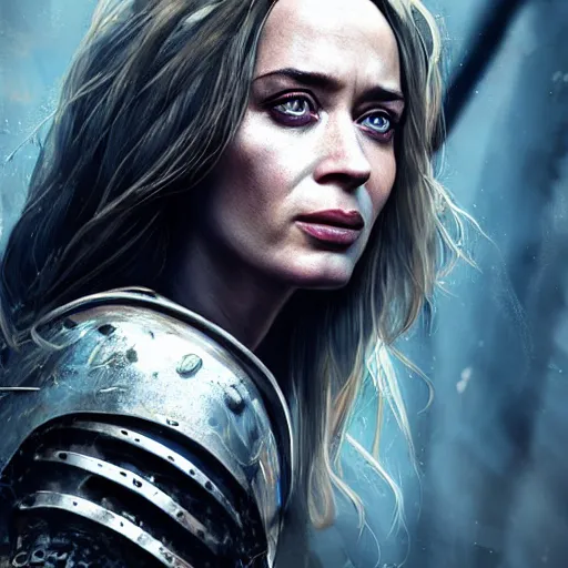 Prompt: emily blunt portrait, dystopia core, apocalyptic, armor, warrior, dramatic, sharp focus, fiction, neon, fantasy, hyper detailed, digital art, trending in artstation, cinematic lighting, studio quality, smooth render, unreal engine 5 rendered, octane rendered, art style and nixeu and wlop and krenz cushart