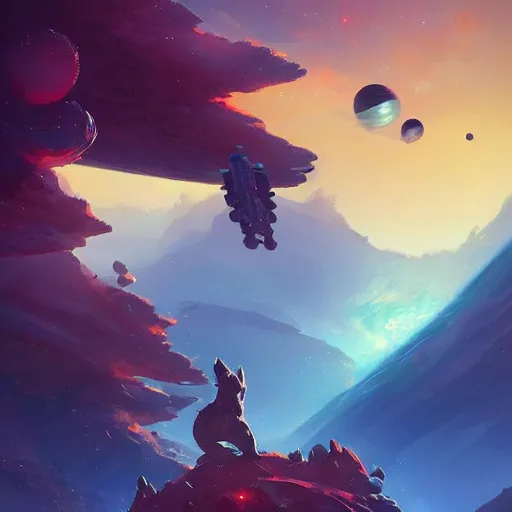 Image similar to Astronauts are riding some mythical animals, they are running on the surface of a planet with wacky wildlife, some planets and nebulas are as background, by Jordan Grimmer digital art, trending on Artstation,