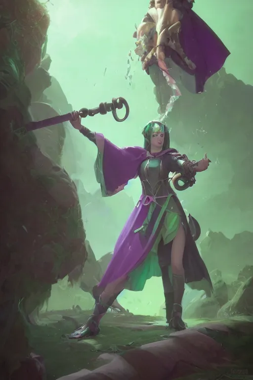 Prompt: portrait of a cute warlock girl with a staff in warlock armor, soft, purple and green, by tom bagshaw and atey ghailan and artgerm and and greg rutkowski, hyper realistic, octane render, trending on artstation