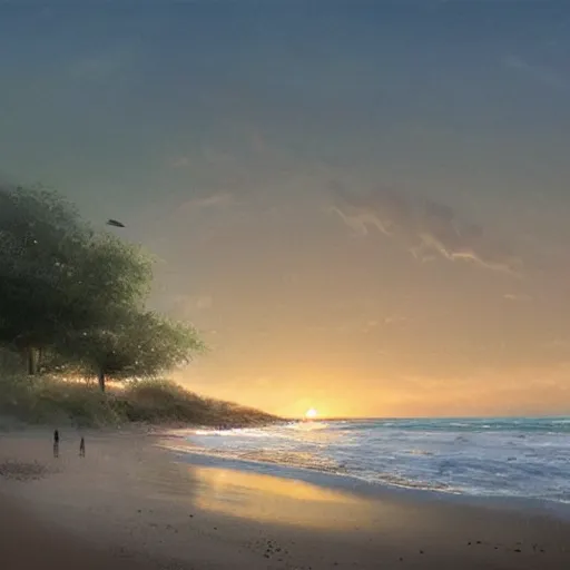 Prompt: a spot on the beach at twilight where i like to spend time thinking. by john avon and marc simonetti, early evening, moon in the sky, trending on artstation