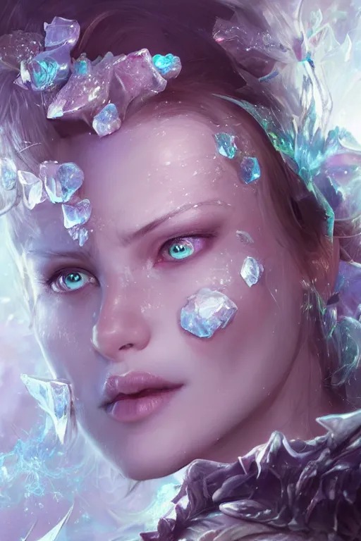 Image similar to face closeup covered with ice of extremely beautiful girl necromancer, magical fairy flowers and ice velvet, diamonds, angels, 3 d render, hyper - realistic detailed portrait, holding fire and electricity rainbow, ruan jia, wlop. scifi, fantasy, magic the gathering, hyper detailed, octane render, concept art, peter mohrbacher