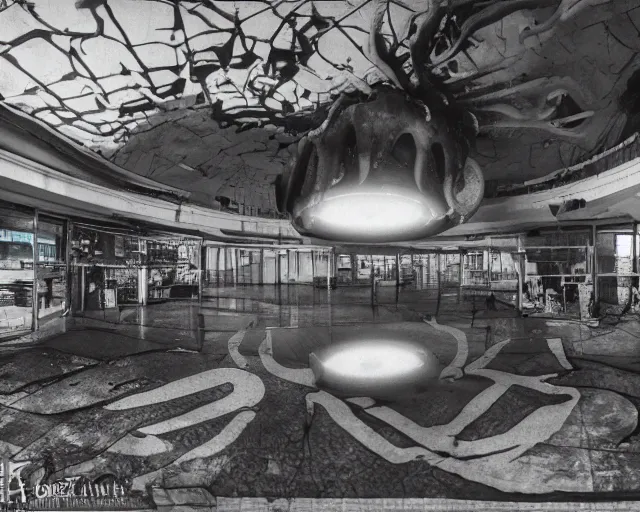 Image similar to camera footage of a extremely aggressive Giant mutated Octopus with glowing white eyes, Human Features, Teeth, in an abandoned shopping mall, Psychic Mind flayer, Terrifying, Silhouette :7 , high exposure, dark, monochrome, camera, grainy, CCTV, security camera footage, timestamp, zoomed in, Feral, fish-eye lens, Fast, Radiation Mutated, Nightmare Fuel, Wolf, Evil, Bite, Motion Blur, horrifying, lunging at camera :4 bloody dead body, blood on floors, windows and walls :5