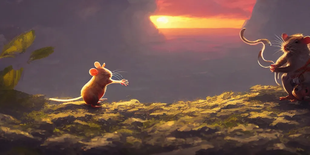 Image similar to rat enjoys the sunset, character sheet, colorful, contrast, 3 d scene, greg rutkowski, zabrocki, karlkka, jayison devadas, trending on artstation, 8 k, ultra wide angle, zenith view, pincushion lens effect