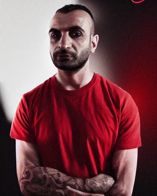 Image similar to Michael Mando as Nacho Varga in red shirt, backlit portrait, black background, cinematic lighting, atmospheric, digital artwork, best of artstation