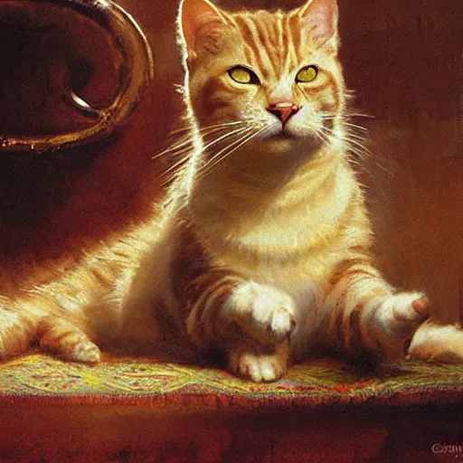 Prompt: detailed portrait of garfield the cat in royal palace, spring light, painting by gaston bussiere, craig mullins, j. c. leyendecker