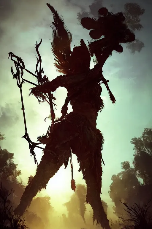 Prompt: !dream Aloy from Horizon Zero Dawn silhoutte, female archer, atmospheric environment, Character Design, demonic presence, Holy Heavenly Host Divine Angelic Army. Beeple, grimshaw, thomas cole, ismail inceoglu, winslow homer, greg rutkowski, gerald brom, marc simonetti, simon stalenhag, anton fadeev, donglu yu