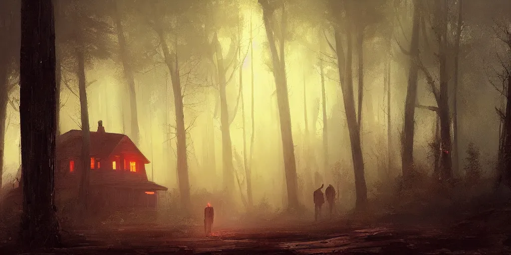 Image similar to an old house with red light on from the windows during the night in a forest, a men stand up in front of the house, mystical fog, oil on canvas, details, a desert road next to the house, illustration, art by andreas achenbach and alena aenami