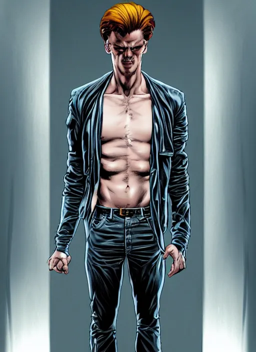 Prompt: aesthetic digital illustration of a dangerously handsome young man standing in an empty white room by brian bolland, rachel birkett, alex ross, and neal adams | sinister, dangerous, character concept, concept art, unreal engine, finalrender, centered, deviantart, artgerm