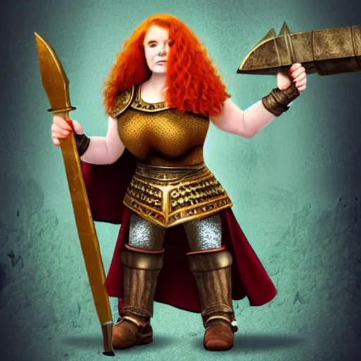 Image similar to dwarven woman, ginger hair, green eyes, holding hammer and shield with plate armour