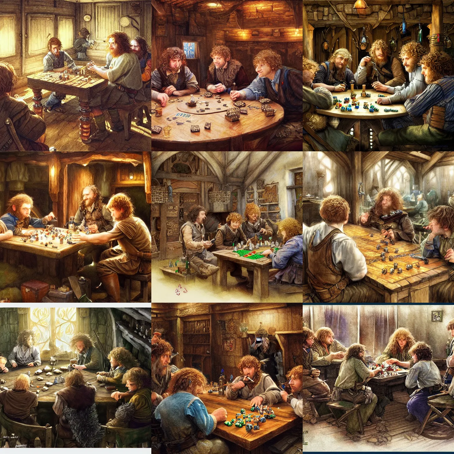 Prompt: hobbits playing dice in a tavern, by alan lee, intricate, highly detailed furnishings, digital painting, artstation