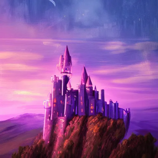 Prompt: art of a castle illuminated by a colorful purple sky, tall mountains surround the castle, beautiful, trending on artstation