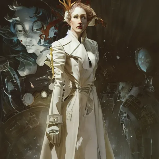 Image similar to white trench coat, technology, fantasy, clothing design, art by joseph leyendecker, peter mohrbacher, ruan jia, marc simonetti, ayami kojima, cedric peyravernay, alphonse mucha, victo ngai