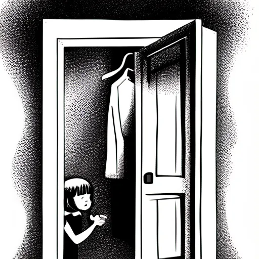 Prompt: storybook illustration of an open wardrobe revealing the entrance to a fantastic world, storybook illustration, monochromatic