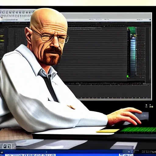 Image similar to walter white in real life rendering himself on a computer with blender software