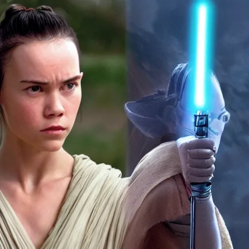 Image similar to Rey from Star Wars twenty years older as a Jedi Master