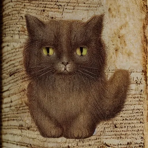 Prompt: da vinci manuscript of a fluffy cat, high quality, coherent, hd, 8k