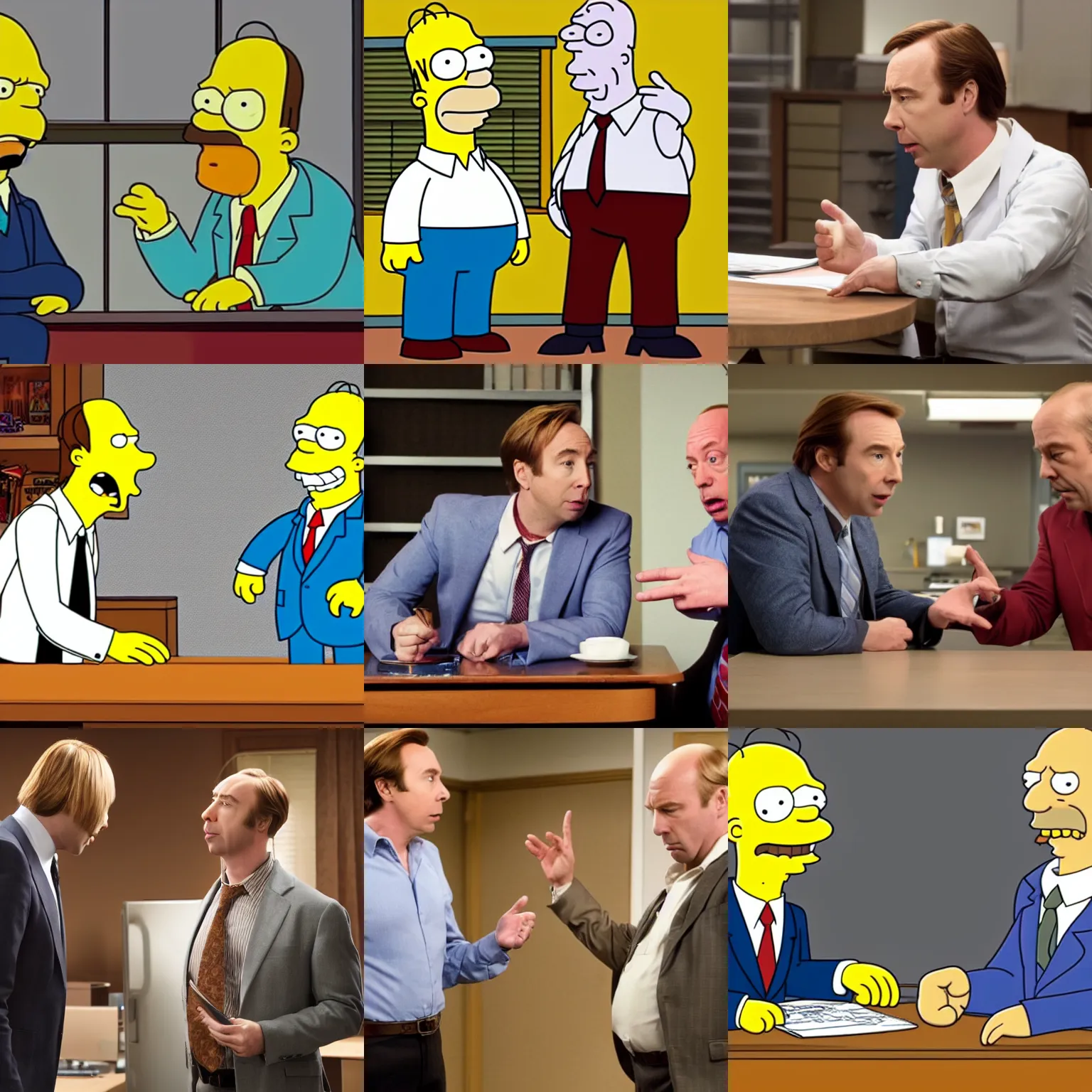 Prompt: Jimmy McGill from the television show Better Call Saul arguing with Homer Simpson from the television show The Simpsons, still image