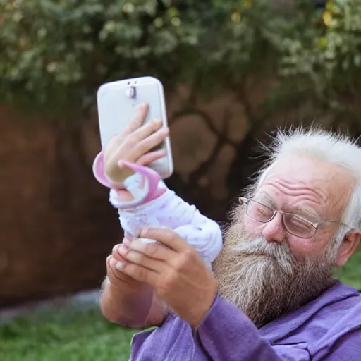 Image similar to cute cartoon character, beard grandpa taking a photo to a baby girl