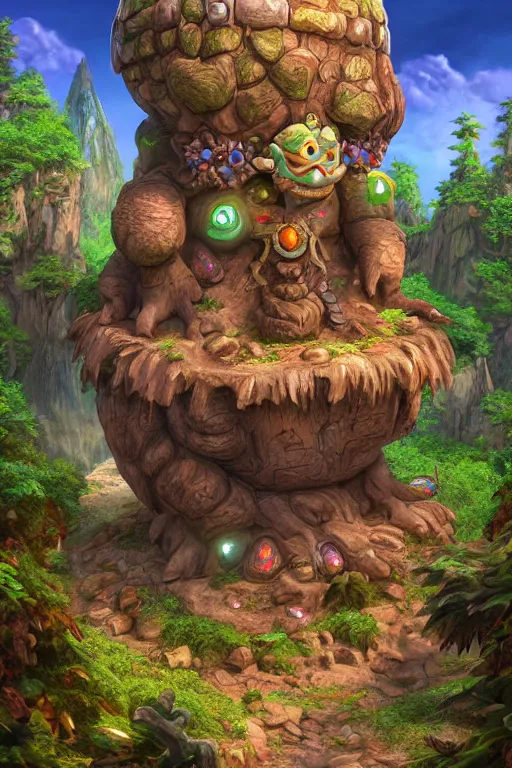 Image similar to zelda fantasy art giant golem troll wood rock greeble gemstone enchanted forest, global illumination ray tracing hdr fanart arstation by sung choi and eric pfeiffer and gabriel garza and casper konefal bastion forged hardmesh lisa frank zbrush central radiating a glowing aura global illumination ray tracing hdr