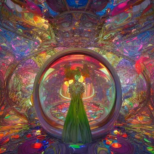 Prompt: inside a sphere with colorful walls made of segmented crystals, interconnected, 360 degrees view, hyper realistic, octane render, colorful, vibrant, cinematic, amazing details, by james jean, brian froud, ross tran, alphonse mucha