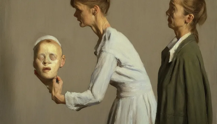 Prompt: painting by borremans, a man and woman with vase instead of the head, detailed, stunning