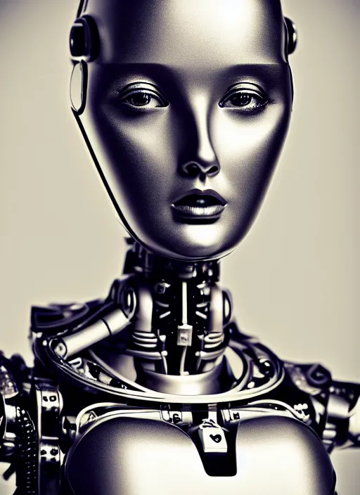 Image similar to a beautiful young female futuristic robot profile face photo, daguerrotype, closeup - view, f / 2. 8, low contrast, 1 6 k, beautiful lighting, reflective, insanely detailed and intricate, hypermaximalist, elegant, ornate, hyper realistic, super detailed, surreal dreamy poetic