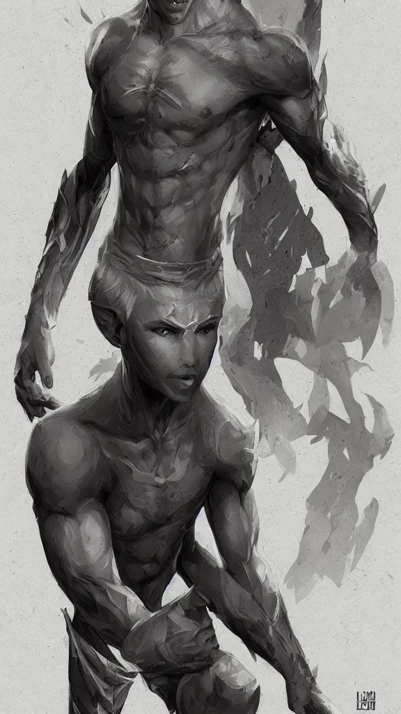 Image similar to a cute calm handsome young adult male muscular slim blu skin elf with grey light tight clothes concept art in the style of lee bermejo and greg rutkowski