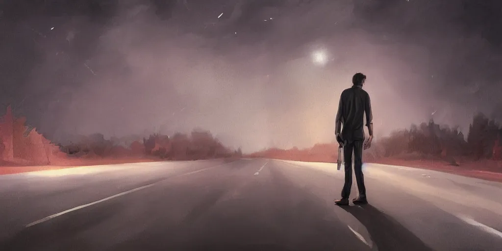 Prompt: man in a lonely road, night, by artgerm, rule of third
