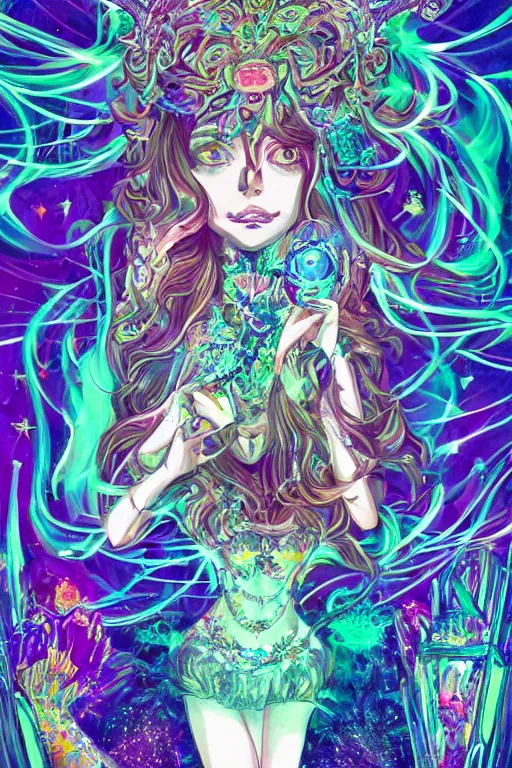 Image similar to acid trip, hall of mirrors, intricate, highly detailed, anime, 4k, a beautiful seductive deer woman holding a crystal containing the universe, with professional makeup, long trippy hair, surrounded by gems, underneath the stars, trending on patreon, deviantart, twitter, artstation, volumetric lighting, heavy contrast, by artgerm and Ilya Kuvshinov and alphonse mucha