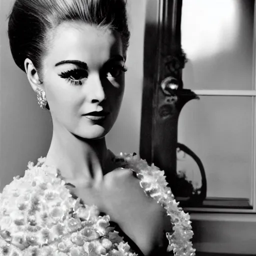 Prompt: close up of female movie star of the sixties with luxury dress, official valentino editorial, highly detailed