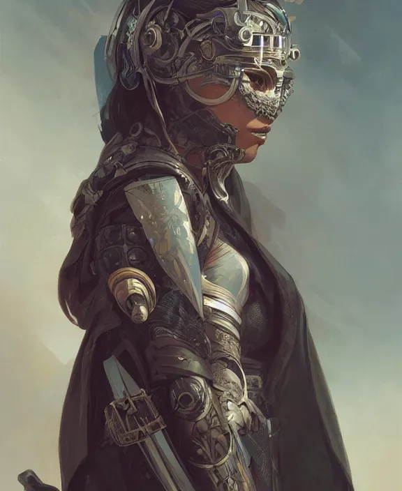 Image similar to portrait of a cyberpunk masked warrior, half body, d & d, fantasy, intricate, elegant, highly detailed, digital painting, artstation, concept art, art by artgerm and greg rutkowski and alphonse mucha