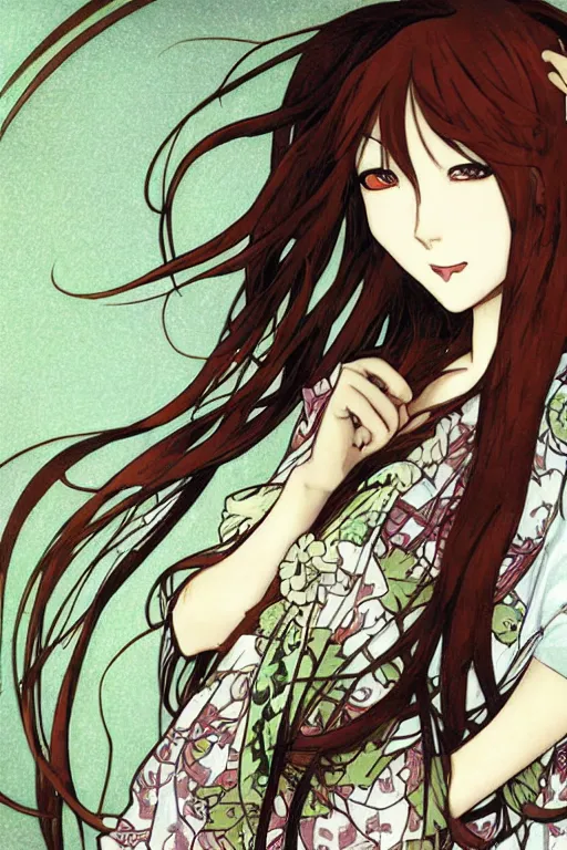 Prompt: Smiling Kurisu Makise tonemapped in the style of Ayami Kojima and Alphonse Mucha