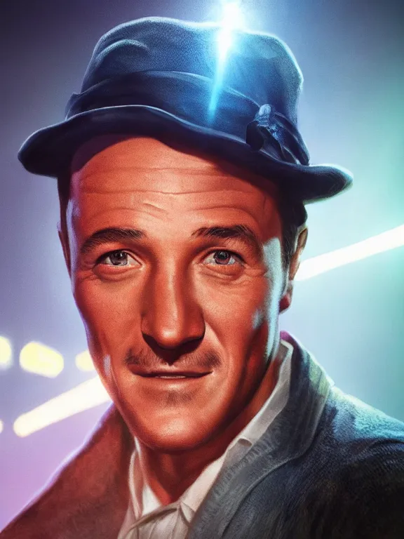 Image similar to portrait art of Gene Kelly 8k ultra realistic , lens flare, atmosphere, glow, detailed,intricate, full of colour, cinematic lighting, trending on artstation, 4k, hyperrealistic, focused, extreme details,unreal engine 5, cinematic, masterpiece