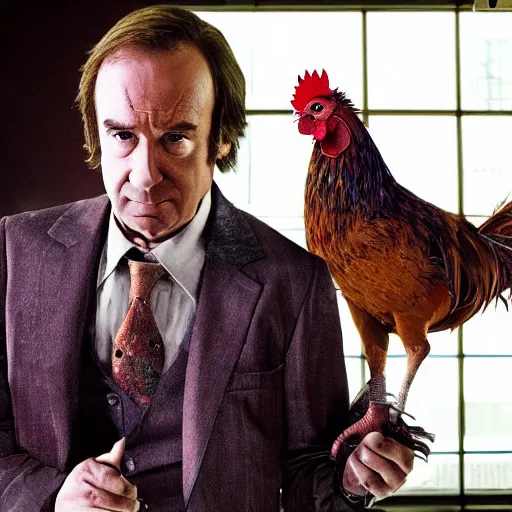 Image similar to saul goodman and a rooster in a saw movie torture chamber, jigsaw, saul goodman, rooster, photo