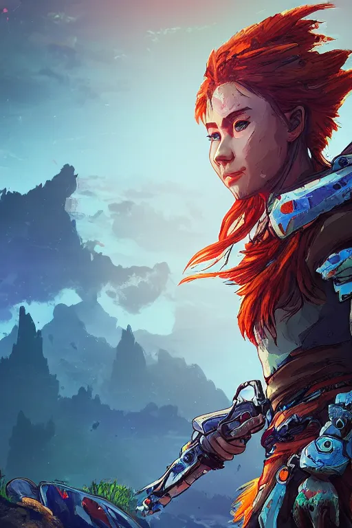 Image similar to combination suit armor aloy horizon forbidden west horizon zero dawn radiating a glowing aura global illumination ray tracing hdr fanart arstation by ian pesty and alena aenami artworks in 4 k tribal robot ninja mask helmet backpack