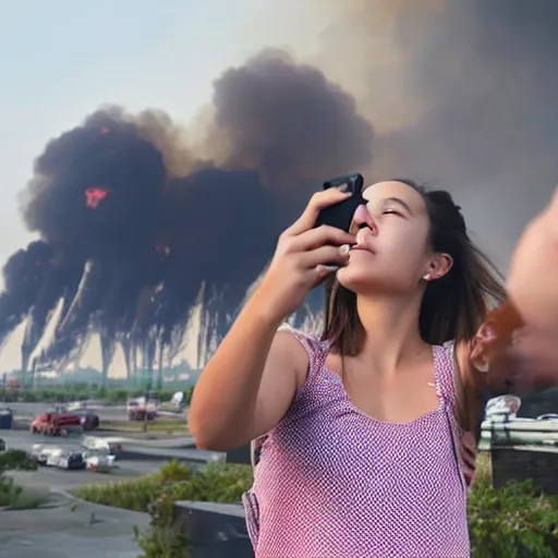 Prompt: girl taking selfie while city burns in background