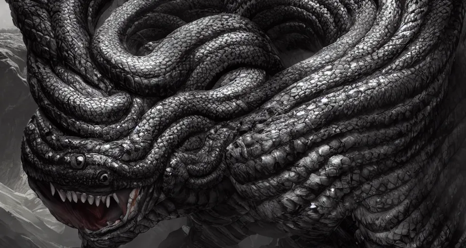 Prompt: closeup portrait of a coiled colossal monster serpent, rocky environment, dramatic lighting, cinematic, unreal engine, cgsociety, artstation, 4k