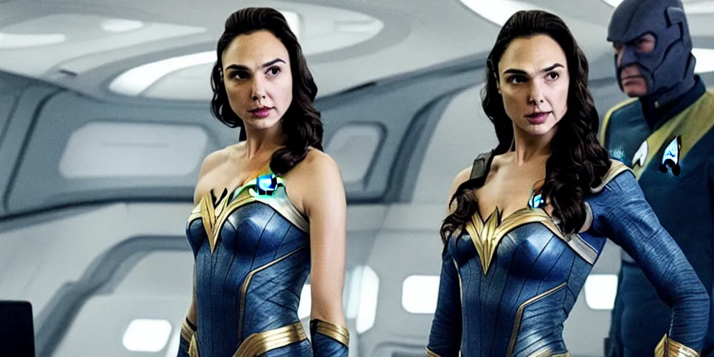 Image similar to gal gadot, in full starfleet uniform, is the captain of the starship enterprise in the new star trek movie