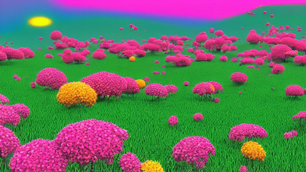 Image similar to digital illustration of a field of multi - colored megaflora frangipani flowers by dr. seuss, reimagined by ilm and beeple : 1 | spectral color, electric color, rolling hills : 0. 9 | fantasy : 0. 9 | unreal engine, deviantart, artstation, hd, 8 k resolution : 0. 8