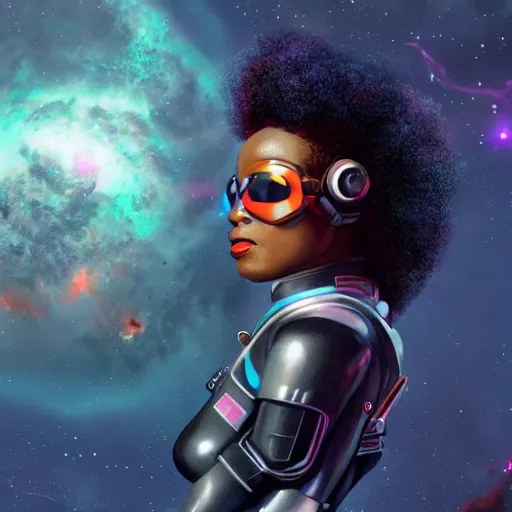 Prompt: black female cyberpunk astronaut in a 1 9 5 0's pinup art, cinematic composition, award winning art, octane render, exploding nebulae, outer space, artwork by norman rockwell
