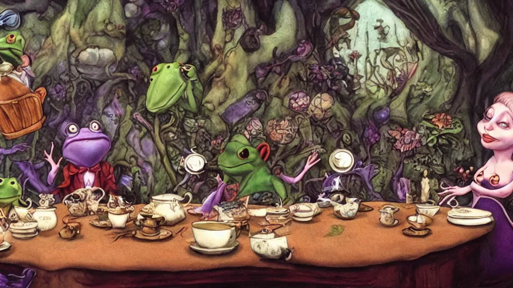 Prompt: A movie screenshot of frogs and toads (by Brian Froud) having tea with Alice in Wonderland, directed by Henry Selick and Tim Burton, cinematic, balanced composition, whimsical.