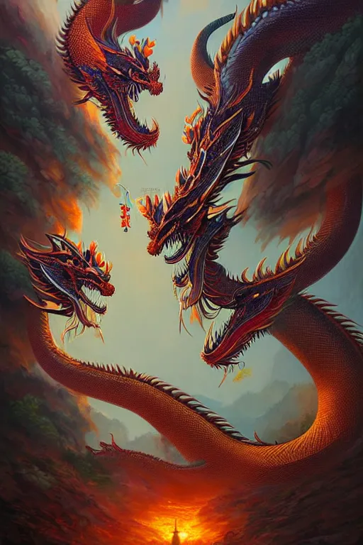 Prompt: a beautiful and detailed thai dragon paintings by Chalermchai Kositpipat and Ghibli Studios, Dan Mumford, artstation, cinematic lighting, omnious sky