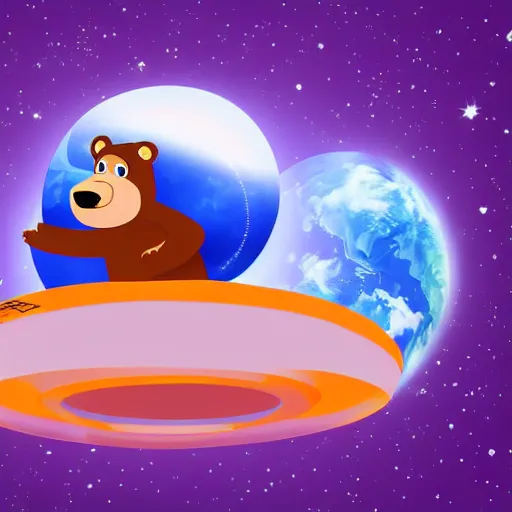 Image similar to cartoon animated illustration of a bear mascot being launched from a futuristic marble planet, purple and orange cloudland