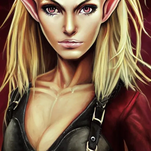 Prompt: close up headshot of a skinny female high-fantasy elf with a long face narrow chin and short spiky blonde hair wearing dark brown overalls and holding a bomb next to a destroyed car, gel spiked blond hair,narrow lips, high resolution film still, HDR color, painting by artgerm